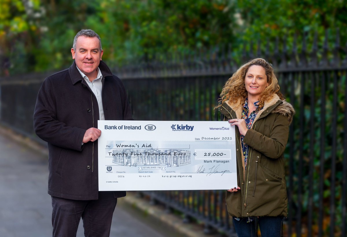 KirbyGroupEng's tweet photo. Our Group Operations Director, Henry McCann, presents Eavan Ward, Services Manager with @Womens_Aid, with a Christmas donation cheque for €25,000. Women’s Aid provides support to women and children to keep them safe from domestic violence. #PeopleFirst https://t.co/G8HbVk89qb