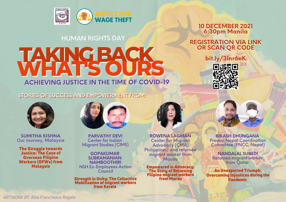 3 DAYS TO GO! 📍Taking Back What's Ours: Achieving Justice in the Time of COVID-19. 📆 10 December 2021 ⏰ 6:30 PM Manila On #HumanRightsDay, join us as we hear and celebrate the stories of success and empowerment of our migrant workers! Register here: bit.ly/3Inr6eK