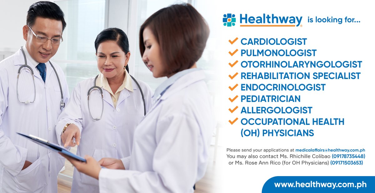 HealthwayPH's tweet photo. #Healthway is looking for specialists to join our team of medical professionals.

Send in your applications to medicalaffairs@healthway.com.ph
You may also contact Ms. Rhichille Colibao at 0917-873-5448 or Ms. Rose Ann Rico (for OH Physicians) at 0917-150-3653 https://t.co/158W0eDJeP