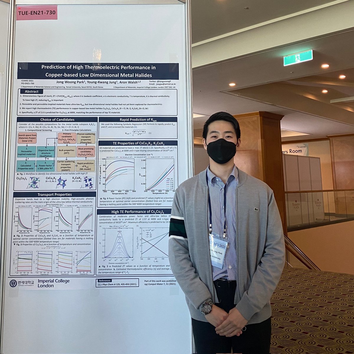 JongwoongP's tweet photo. Day 2! Successfully finished my presentation. It was definitely a great experience interacting with people, especially experimentalists interested in the results! I just thank @lonepair and @YoungkwangJung so much for the guidance and opportunity!
#icamd #thermoelectrics https://t.co/s7e96hqhef