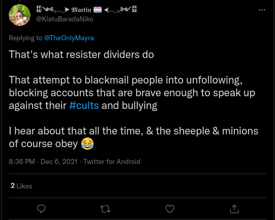 BlockedByMartin's tweet photo. As the King of Dividers @KlatuBaradaNiko, you would know what 'they' do.   You started it all. 

#MartinIsNoResister #BlockedByMartin 

https://t.co/qR0OC5bsQs https://t.co/LBqnrxfCs9