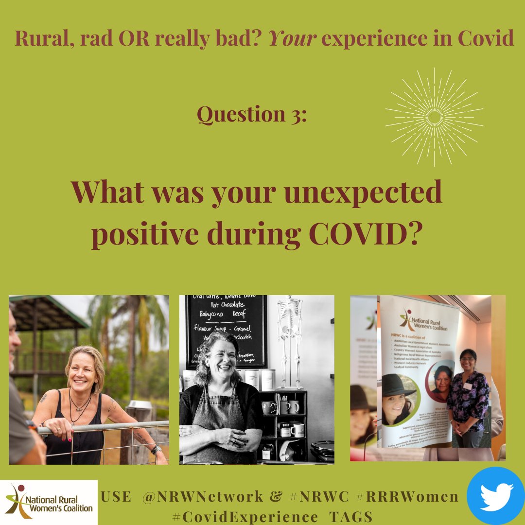 Q3What was your unexpected positive during #COVID?
-Checked in with others
-Enjoyed working from home
-Spent more time with my children
-Increased appreciation for teachers/health workers
-Exercised more
-Cooked more at home
-Learn a new skill
#RRRWomen #NRWC