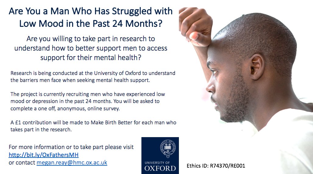 Could you help with this <a href="/UniofOxford/">University of Oxford</a> <a href="/oxicpt/">Oxford Institute of Clinical Psychology Training</a> <a href="/megan_reay/">Megan</a> research focusing on men's mental health? More details here bit.ly/OxFathersMH
<a href="/MarkWilliamsFMH/">Fathers Mental Health UK</a> <a href="/MovemberUK/">Movember UK</a> <a href="/andysmanclubuk/">#ANDYSMANCLUB</a> <a href="/toniwriter/">Toni</a> <a href="/CherriesTalking/">💬🍒TalkingCherries💡</a> <a href="/theCALMzone/">CALM</a> @MrJonnyBenjamin <a href="/MenTalkHealthUK/">MenTalkHealth</a> <a href="/speakerscollect/">Speakers Collective</a>