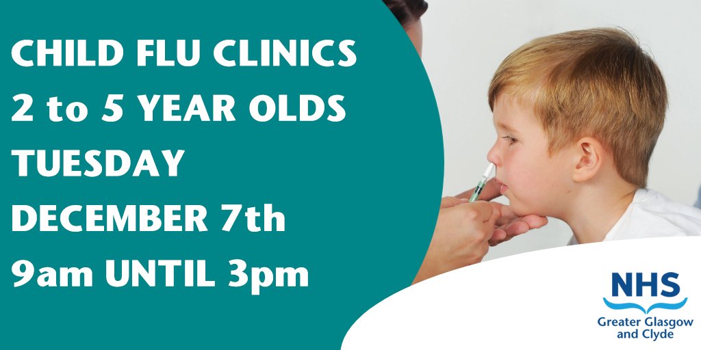 NHSGGC's tweet photo. We have four child flu clinics, for kids aged between 2 and 5 and yet to start school, open today between 9am and 3pm.
Visit Govanhill's Sandyford building, Greenock Health Centre, the Vale Centre, or Woodside Health Centre.
@GlasgowCC @inverclyde @WDCouncil π
#NHSGGCC https://t.co/FWMGy2QAs8