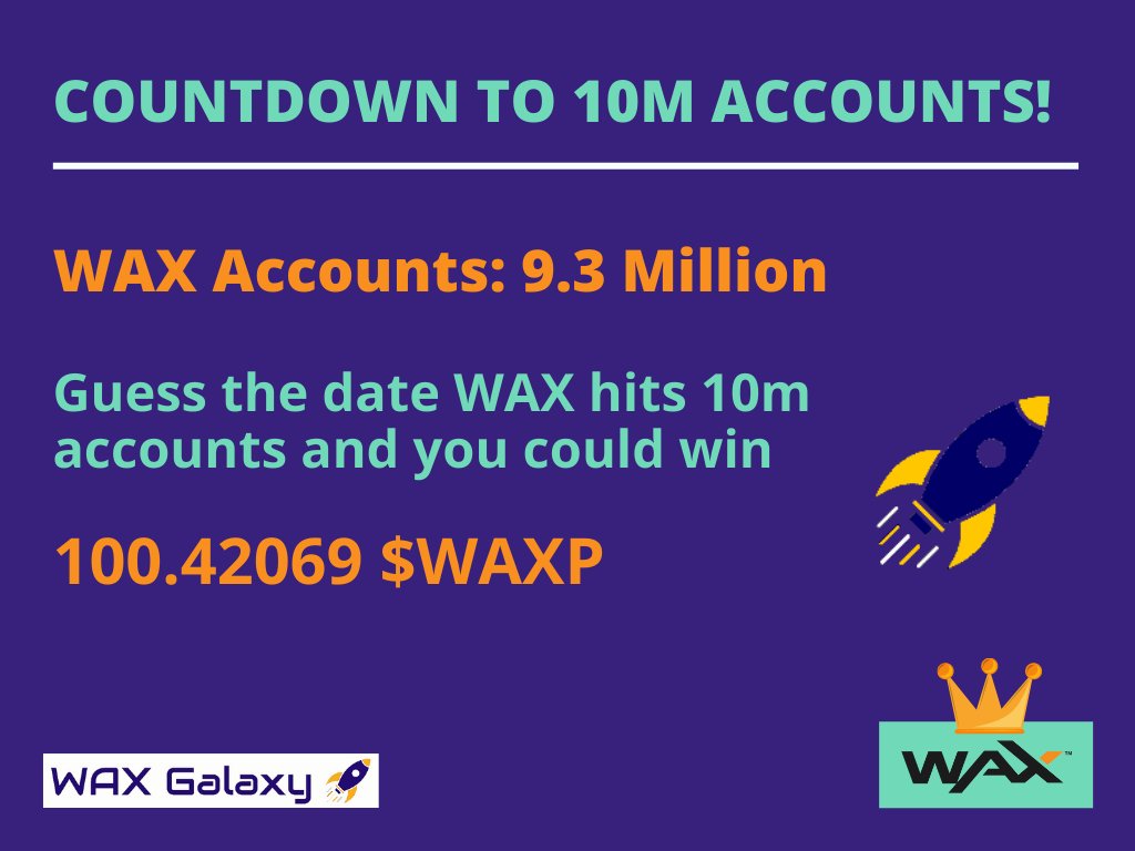 LeVagabondeNFT's tweet photo. The countdown to 10 million accounts on the @WAX_io blockchain is on!!!
🚀🚀🚀

Retweet and comment with the date that you think WAX, the king of #NFTs will hit 10m accounts to go in the draw to win an nft backed with 100.42069 $WAXP

Clue: 62k accounts created in the last 24hrs https://t.co/OL1JET68f2