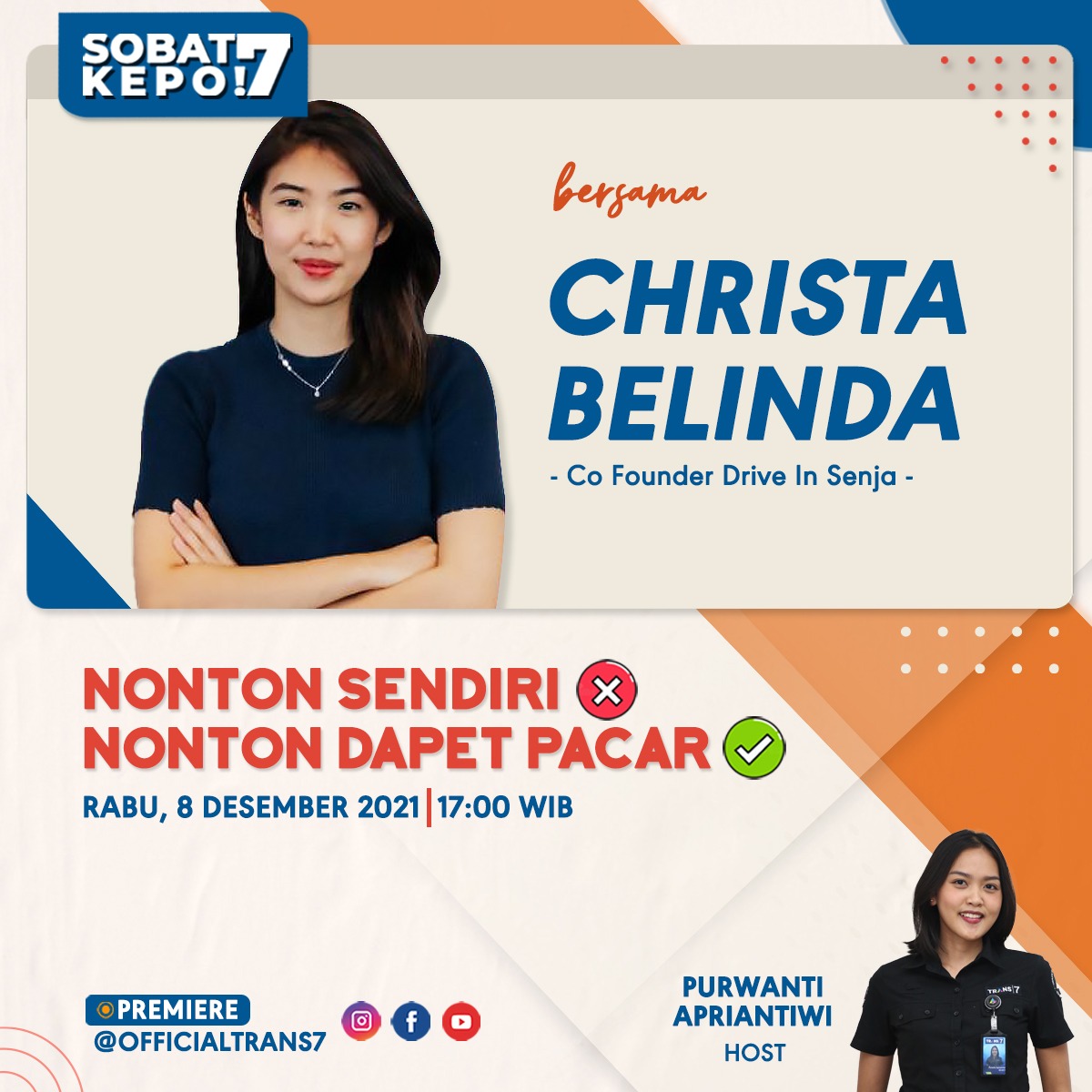 TRANS7's tweet photo. Sobat7 bosen sama suasana nonton yang gitu-gitu aja?
Yuk join Christa Belinda ajak kita ngulik tentang @driveinsenja
Penasaran seseru apa? Saksikan Sobat7 Kepo Rabu, 8 Desember jam 17.00 WIB di IGTV, Facebook, YouTube TRANS7 Official.
#sobat7kepo #driveinmovie #driveinsenja https://t.co/ZXYZYF6ApX