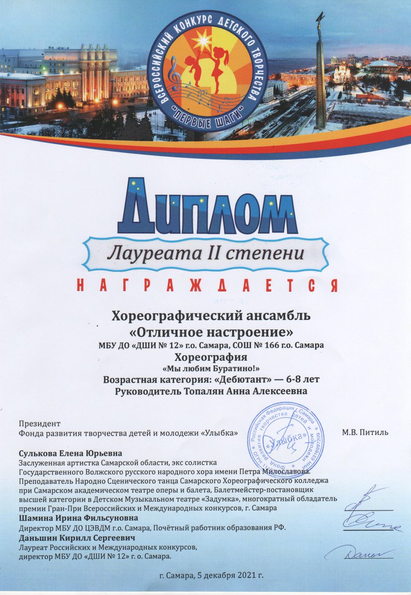 Наши юные дебютанты хореографического коллектива «Отличное настроение» стали лауреатами 1 и 2 степени во Всероссийском конкурсе «Первые шаги»! Виват! А средняя группа коллектива стала лауреатом 2 степени в Международном конкурсе хореографии «Новые имена»! Умнички!