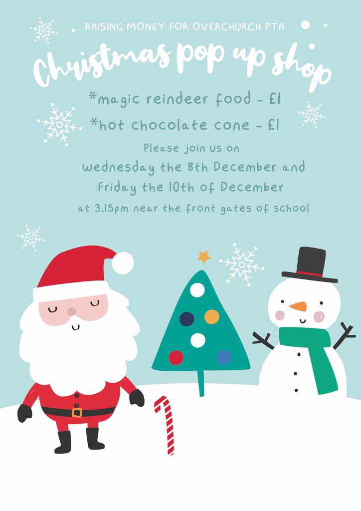 OverchurchPTA's tweet photo. Our lovely PTA helpers will have a pop up Christmas shop after school tomorrow and Friday. 

There will be magic reindeer food and hot chocolate cones for £1 each

Look out for them from 3.15pm outside close to the forest school area https://t.co/zpT6gcu45l