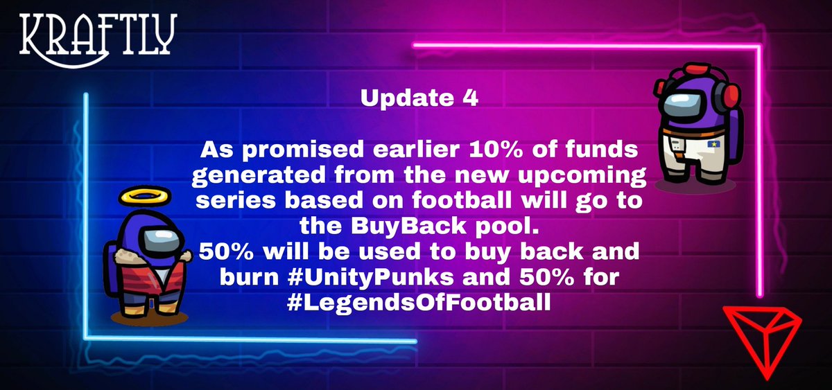 unity_punks's tweet photo. Update 4
As promised earlier 10% of funds generated from the new upcoming series based on football will go to the BuyBack pool.
50% will be used to buy back and burn #UnityPunks and 50% for #LegendsOfFootball https://t.co/4VQy8B36T0