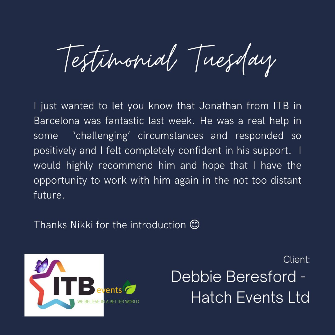 dUDMCs's tweet photo. Today I am proud to share a testimonial from @EventsHatch who was in #barcelona last week with our partner DMC @ITBeventsSpain  

It is great to receive lovely feedback on our partner DMCs.

#testimonialtuesday #sharingwithpride #clienttestimonial #eventprofsuk #dudmc #event https://t.co/ebsAKoMWat