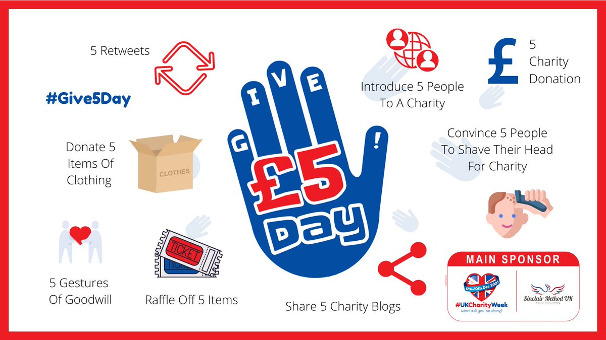 UKCharityWeek's tweet photo. Welcome to day two of #UKCharityWeek, which is #Give5Day. Here are some ideas for you and others to act upon today. 👇 Let us know of any that your #charity or #volunteers come up with. Have a great day!

Proudly Sponsored by @sinclairmethoduk https://t.co/MHWQMdzv18