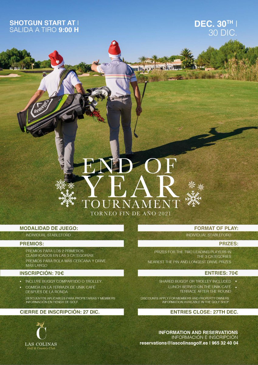 #Golf lovers, we have the perfect plan to end the year: Participate in the New Year's Eve #Tournament at Las Colinas Golf⛳

This December 30th, say goodbye to 2021 at the Best Golf Course in Spain, you have until the 27th to sign up! 🏌️