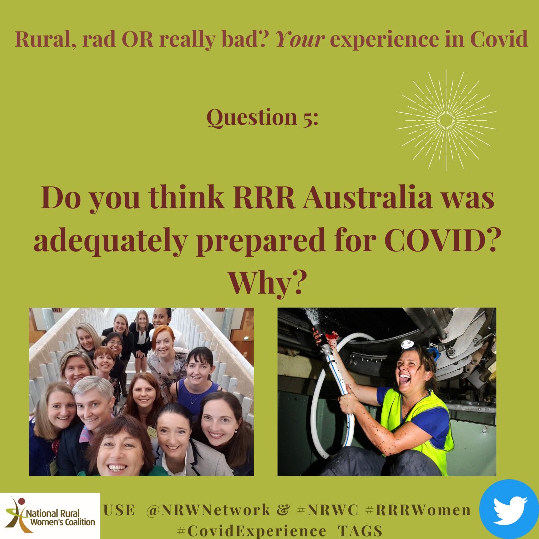 Q5 Do you think RRR Australia was adequately prepared for COVID? Why?
#NRWC #COVIDExperience #RRRWomen
<a href="/officeforwomen/">The Office for Women</a> <a href="/MarisePayne/">Marise Payne</a> <a href="/ScottMorrisonMP/">Not ScoMo</a> <a href="/bushgoddess/">pennie scott</a> <a href="/tanya_plibersek/">Tanya Plibersek</a> <a href="/besimplyfree/">Bridget Johns</a> <a href="/senbmckenzie/">Senator The Hon. Bridget McKenzie</a>