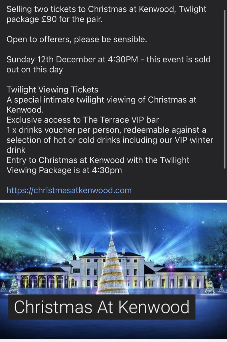 LeahLob's tweet photo. Tickets for Christmas at Kenwood for Sale. See picture for details and PM if you are interested. RT https://t.co/MVARpcLU8S