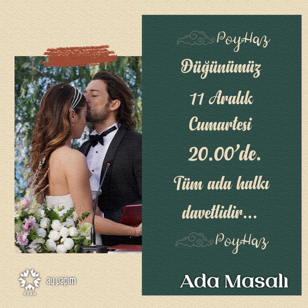 kaderbaglaribr_'s tweet photo. 📸| Divulgação 🏝

Vocês estão convidados para nosso casamento. 🥳

 #AdaMasalı estará com você no sábado, 11 de dezembro às 14:00 (horário de Brasília) @startv com o episódio final 💫

#AdaMasalı #PoyHaz #AyçaAyşinTuran #AlpNavruz https://t.co/7xb62espTB