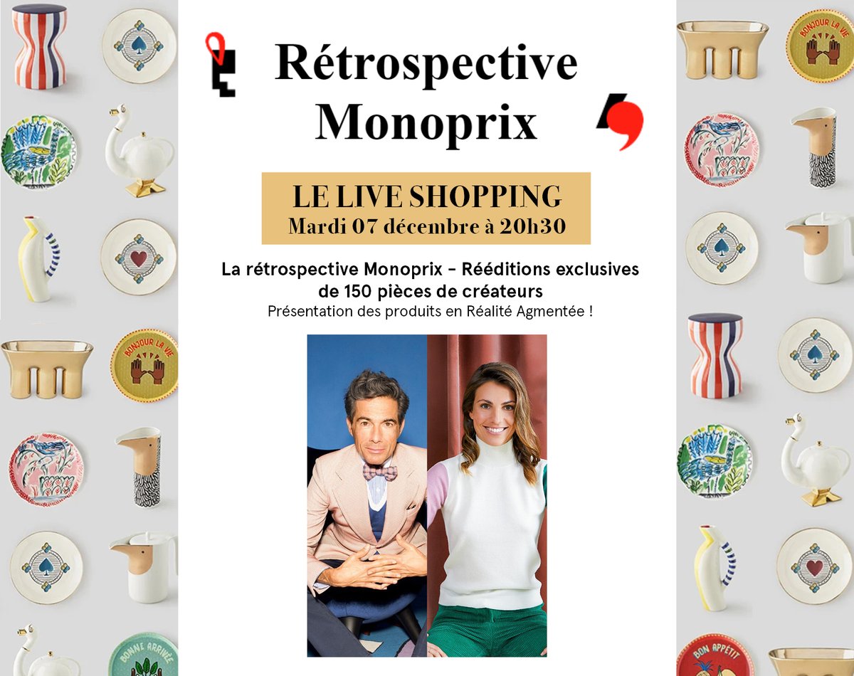 Ce soir, mardi 07 décembre, RDV à 20h30 pour un live shopping à l’occasion de la #rétrospective Monoprix et des rééditions de 150 pièces de créateurs.
Retrouvez <a href="/laetitiaNallet/">Laetitia Nallet</a>, Diane Ducasse &amp; <a href="/VincentDarre/">Vincent Darré</a> et tentez de gagner 1 pièce signée. bit.ly/3GBIqv9