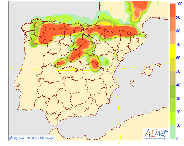 tiempobrasero's tweet photo. Probabilidad de #nevadas para mañana #miércoles  ⚠️❄️
En rojo las áreas de un 100% de probabilidad  
@AEMET_Esp @DGTes https://t.co/PliLjLlP6O