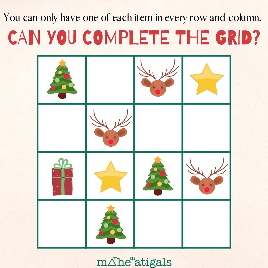 mathematigals's tweet photo. Day 7: Santa’s Sudoku 🧩
.
.
Santa plays a game of Christmas Sudoku every morning, but he’s a little stumped — can you help him out? Send us a picture of your completed grid!
.
.
#12DaysOfChristmasPuzzles #mathematigals #maths #mathematics #puzzles #WomenInSTEM #WomenInMaths https://t.co/hWtzV2bb4r