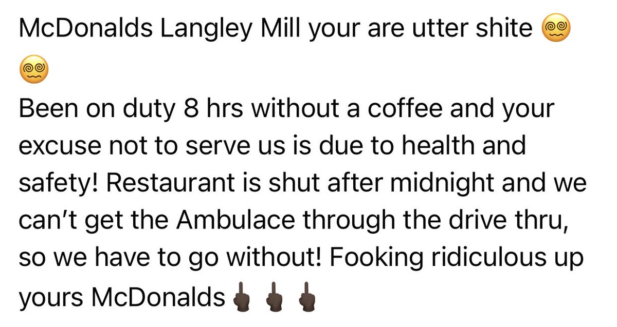 SarahBurden's tweet photo. @McDonaldsUK shocked to read this on Facebook today from a paramedic friend. Your branch refused to sell them coffee because their vehicle, an ambulance(!) couldn’t fit through the drive-through. I understand health and safety but there is also a little thing called compassion https://t.co/Ll5L4wGSkQ
