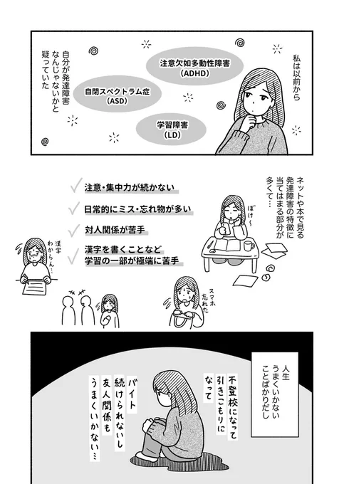 発達障害が判明した話(1/2)

#漫画が読めるハッシュタグ 
#発達障害  #不安障害 
#ADHD  #ASD 