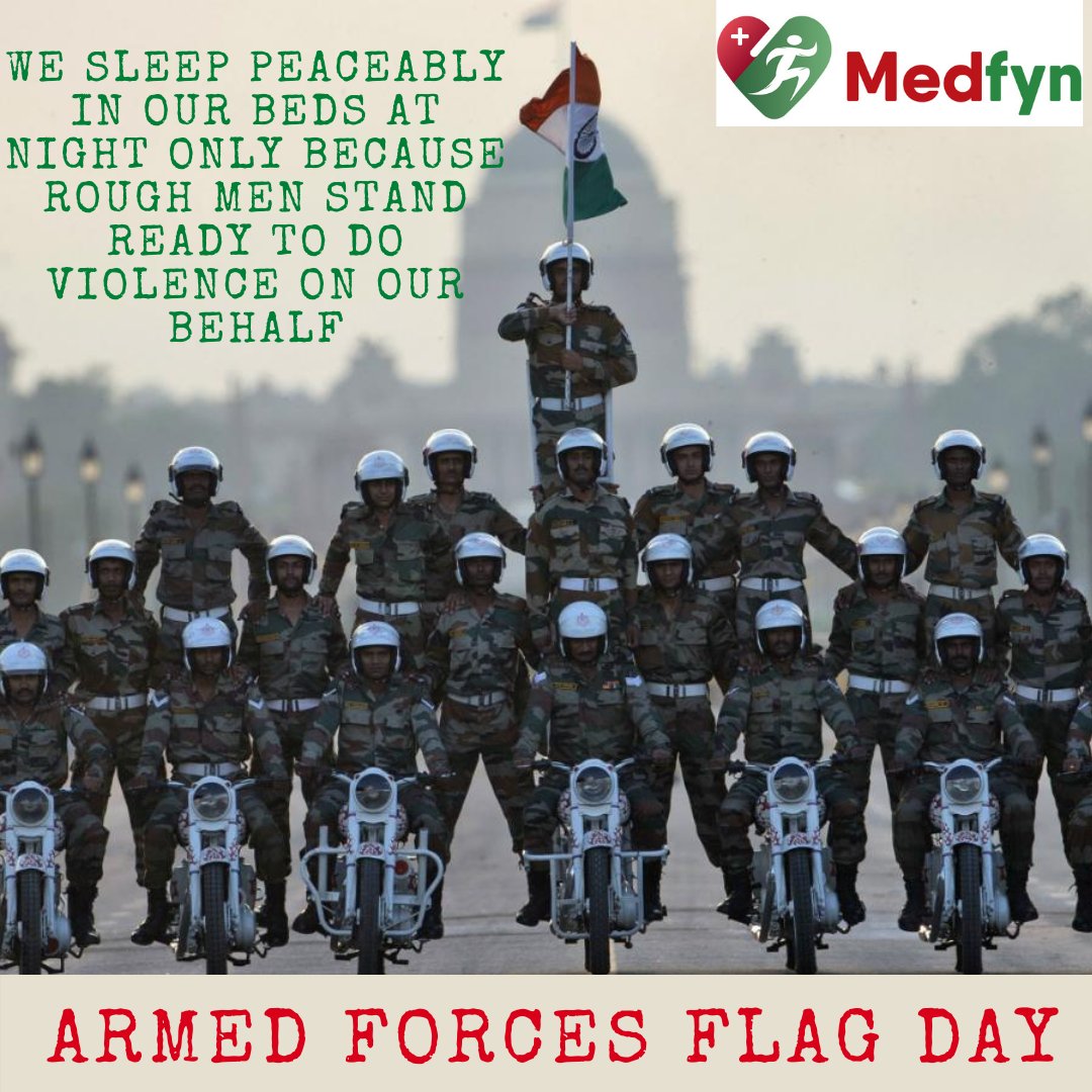 medfyn's tweet photo. We are safe, happy, smiling because we have our armed forces taking charge of their duties. 
Medfyn salutes our unsung heroes on this day!

Happy Indian Armed Forces Flag Day.

#FlagDay  #IndianArmedForcesFlagDay   #IndianArmedForces  #JaiHind  @adgpi @IAF_MCC  @indiannavy https://t.co/cmzchLnQcO