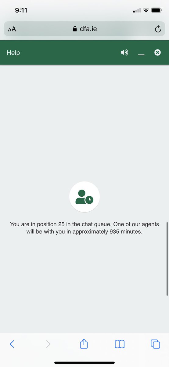 SueODwyer's tweet photo. @PassportIRL waiting over 3 months for my child’s passport. Impossible to talk to anyone. Today’s web chat. 935min wait. https://t.co/oftQyCqpNW