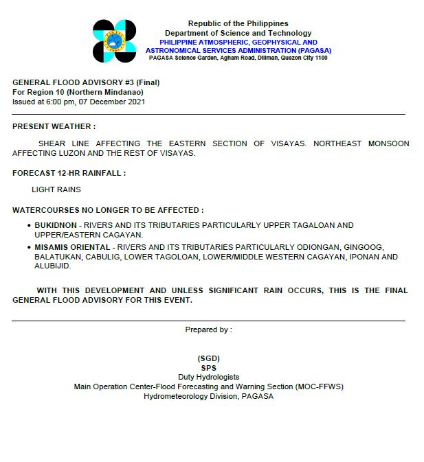 dost_pagasa's tweet photo. General Flood Advisories (GFAs)
Issued @ 6:00 PM, 07 December 2021
Region 8 (Eastern Visayas) #GFA5
Region10 (Northern Mindanao) #GFA3F
Region 11 (Davao) #GFA5
Region 13 (CARAGA) #GFA5 https://t.co/lcb4MR8NyD