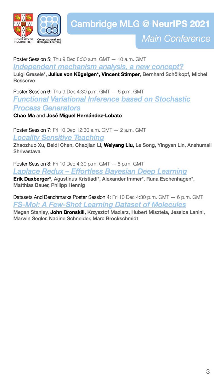 CambridgeMLG's tweet photo. We're excited to be at #NeurIPS2021 this week! Our group will be presenting 22 papers at the main conference with 10 papers today! Check out our full @NeurIPS2021 schedule below. https://t.co/bAHUyKmdk4