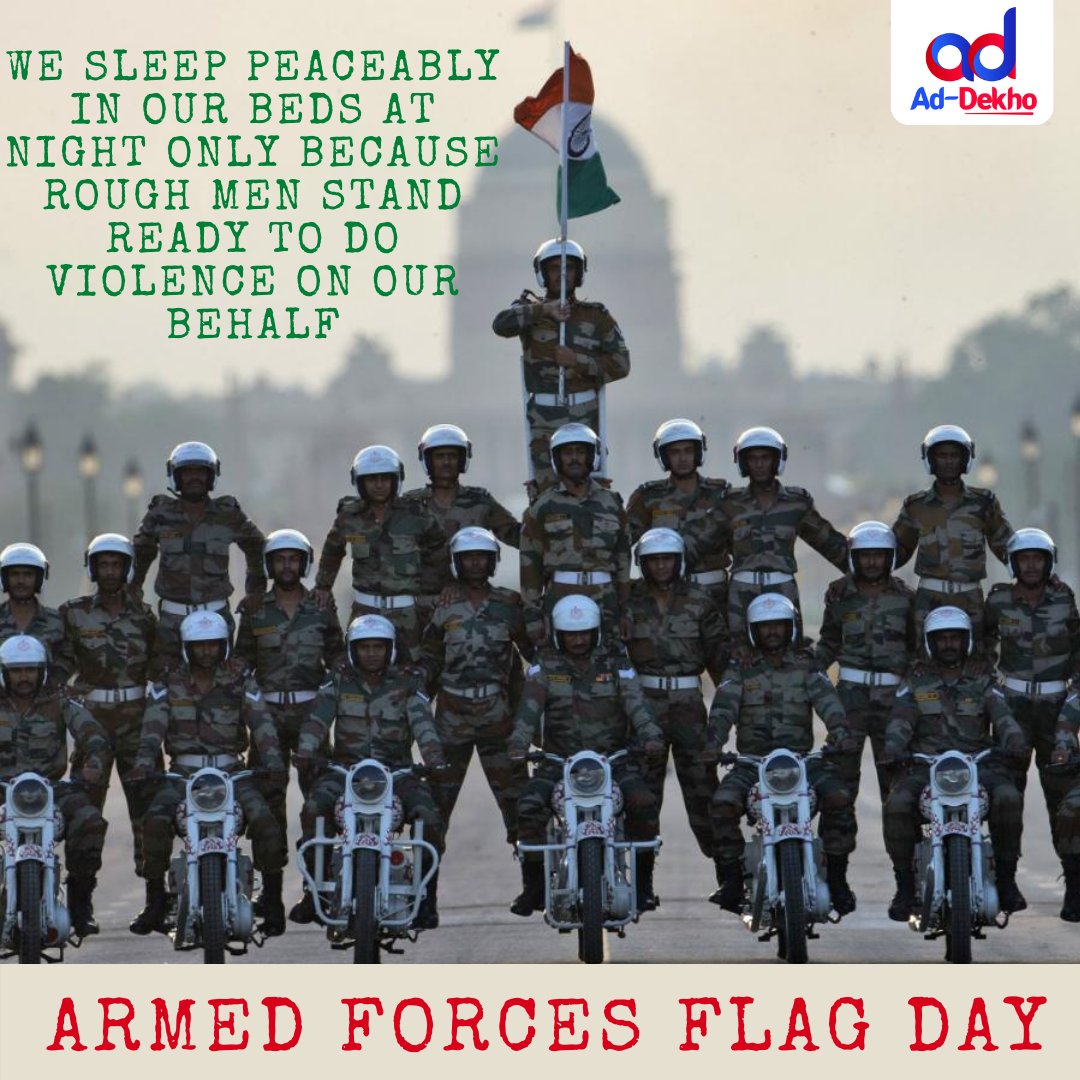 ad_dekho's tweet photo. We are safe, happy, smiling because we have our armed forces taking charge of their duties. 
@ad_dekho  salutes our unsung heroes on this day!

Happy Indian Armed Forces Flag Day.

#FlagDay  #IndianArmedForcesFlagDay   #IndianArmedForces  #JaiHind  @adgpi @IAF_MCC  @indiannavy https://t.co/xwnxNwtyFr