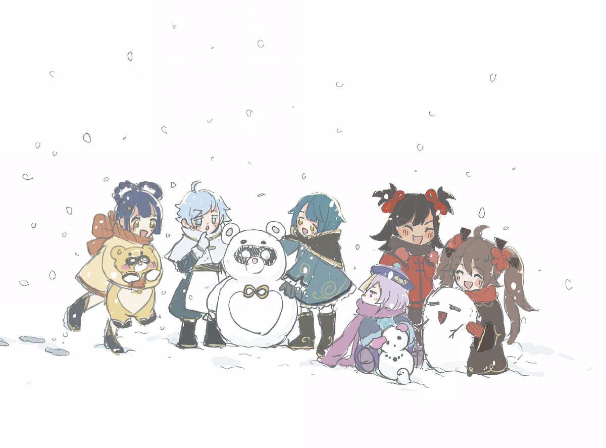 chongyun (genshin impact) ,hu tao (genshin impact) ,qiqi (genshin impact) ,xiangling (genshin impact) snowman multiple girls snow blue hair brown hair multiple boys twintails  illustration images