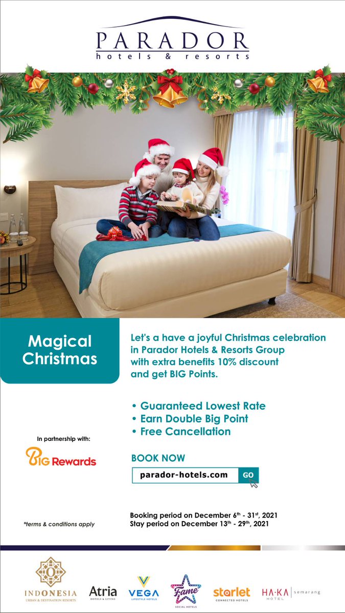Let's a have a joyful Christmas celebration in Parador Hotels &amp; Resorts Group with extra benefits 10% discount and get BIG Points.

BOOK NOW
bit.ly/330kzq9

#AtriaResidencesGadingSerpong #hotel #promo