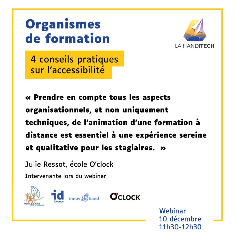 Oclock_io's tweet image. 📆 Organismes de Formation :
Rendez-vous le 10 décembre à 11h30 pour parler #accessibilité !
Lors de ce #webinar organisé par @LaHanditech , notre équipe abordera l'importance des conditions matérielles dans la réussite de l'accessibilité de vos formations.
Lien en thread 👇