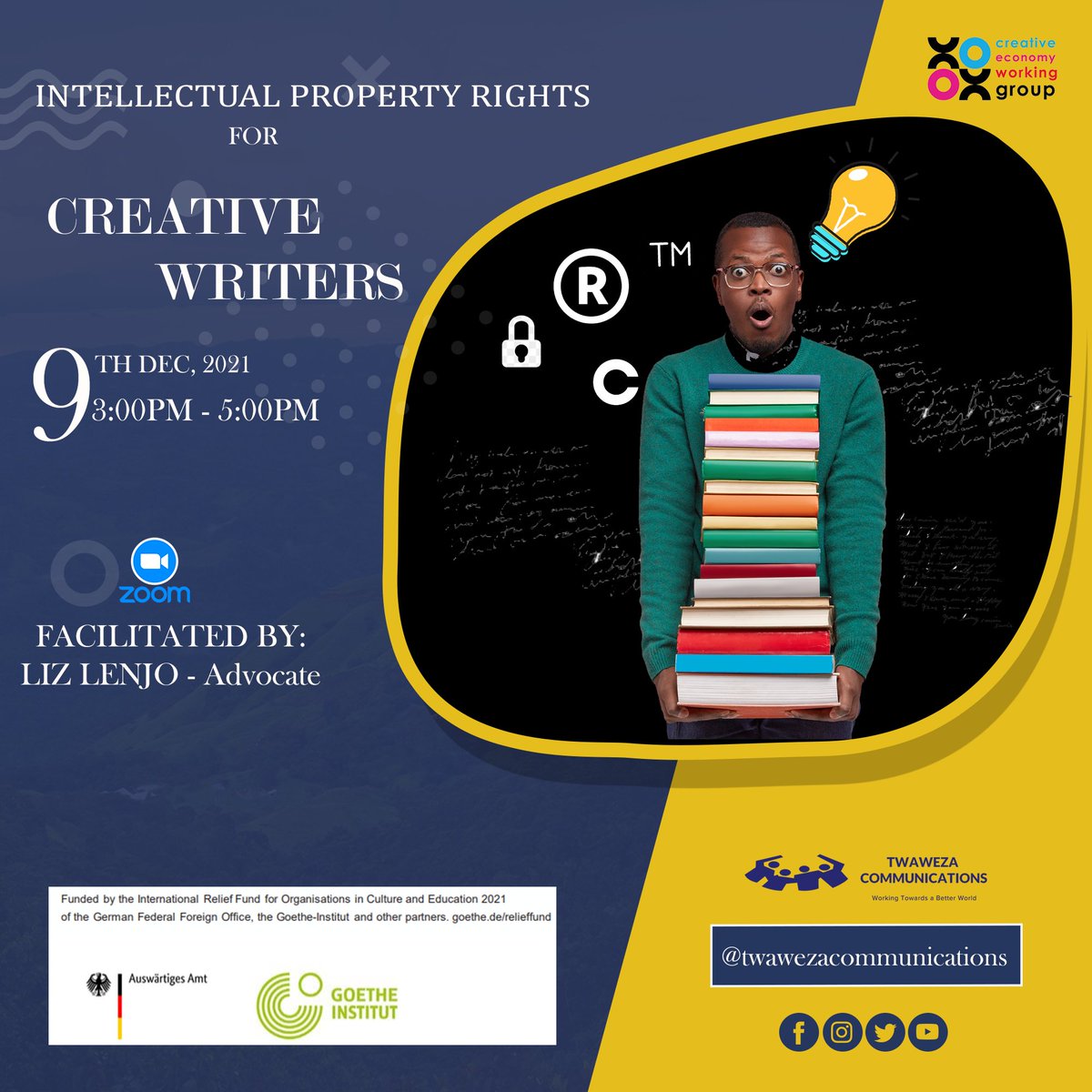 Creatives_Kenya's tweet photo. To Creative writers, This coming Thursday 9th Dec, From 3PM, We'll be discussing IP Rights In Creative Writing. 
Facilitated by 
@LizLenjo_Kags
 Join Zoom Meeting
https://t.co/3IWYXtUWD2
You Don't Want to miss this. https://t.co/yei4QB3qBp