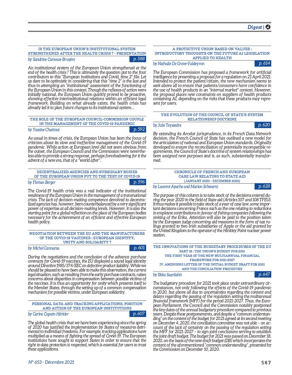La <a href="/RUE_Dalloz/">Revue de l'Union européenne</a> consacre dans son numéro de décembre un dossier dressant un bilan institutionnel ("Temps 2") du fonctionnement de l'#UE. Le système institutionnel de l'UE en est-il sorti renforcé ? 
Bonne lecture à toutes et tous ! ⛄️