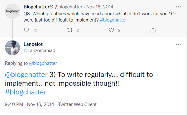 Lanzomaniac's tweet photo. It's perhaps the influence of the community that helped me switch from a career in finance to content writing.
I end my appreciation with this throwback tweet. I do my best to live up to this practice & will keep trying.
Thank you, Team @blogchatter
#BlogchatterStories https://t.co/5nGRn7iuPZ