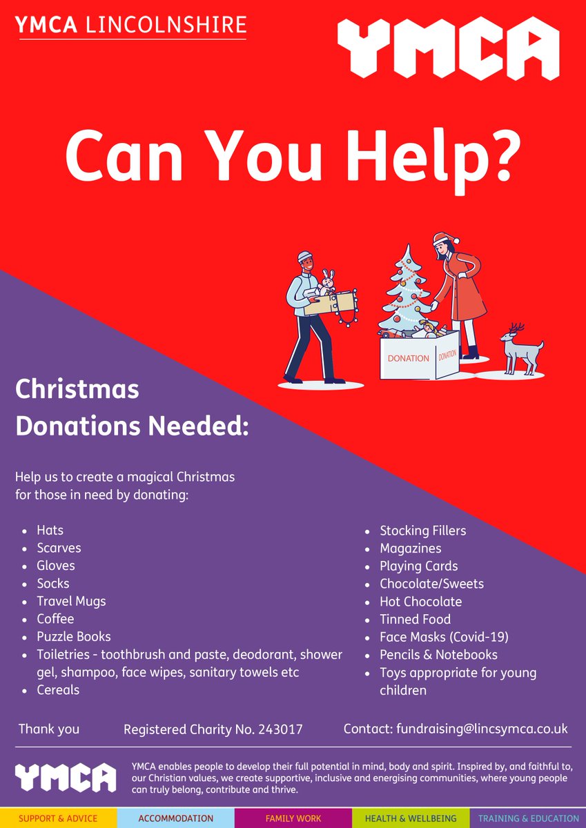 YMCALincs's tweet photo. Can you help us make someone's #Christmas this year?

👇 If you would like to donate any of the items below, please drop them off @ShowroomLincoln so we can continue to help those in #communities around #Lincolnshire!

Any help is greatly appreciated🤗

#YMCA https://t.co/2Bcm7t5OHK