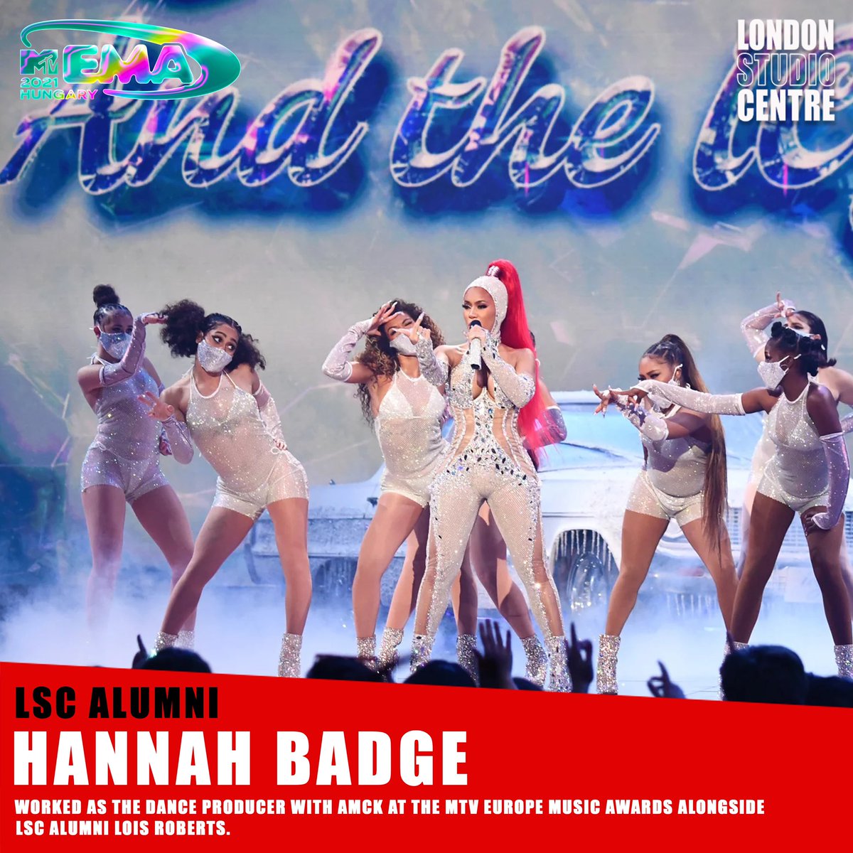 LdnStudioCentre's tweet photo. Celebratory post as Hannah Badge, a recent graduate of our MA Dance Producing &amp; Management programme, has just finished working as the Dance Producer with AMCK at the MTV Europe Music Awards in Hungary!

MTV EMA’s 2021, Budapest, Hungary. 
With LSC alumni Lois Roberts https://t.co/bP2XrN1gmh
