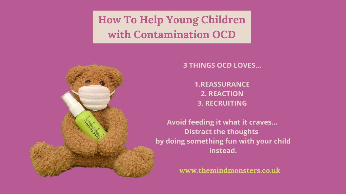 How to help a child with contamination #ocd. Avoid giving it Reaction| Reassurance| Recruitment|. Distract the thoughts by doing something fun instead. #ChildrensBooks #OCD #themindmonsters #anxietyrelief