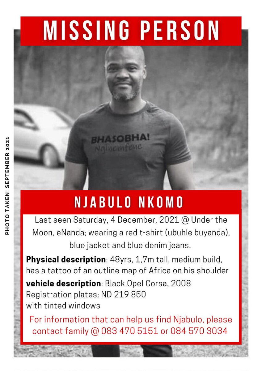 Thando_Nkom0's tweet photo. Missing person alert! 🚨 ‼️

Hi guys, please help me find my dad. He was last seen Saturday at Under the Moon eNanda, if anyone knows anything please kindly DM me.
 Your help would be appreciated. 🙏🏾 https://t.co/FZHgMkHFbz