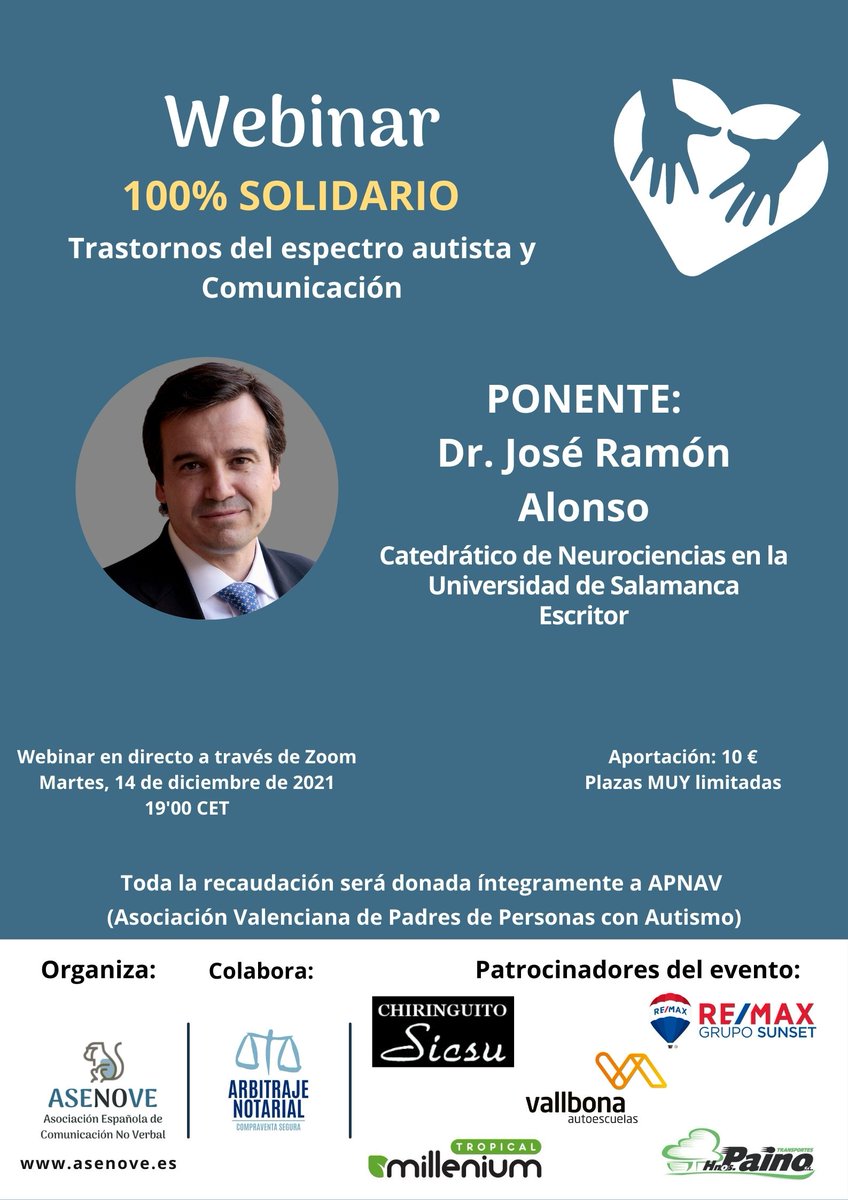 ASENOVE_CNV's tweet photo. 👉https://t.co/IUdA0WaKw7
✅ Martes 14/12/2021 a las 19'00
✅ 100% solidario
✅ Webinar en directo
✅ Podrás hacer tus preguntas al Dr. Alonso.
Patrocinado: Autoescuelas Vallbona REMAX Sunset inmobiliaria tropical millenium Chiringuito Sicsu Arbitraje Notarial Transportes Paino https://t.co/YcVXyNIc1c