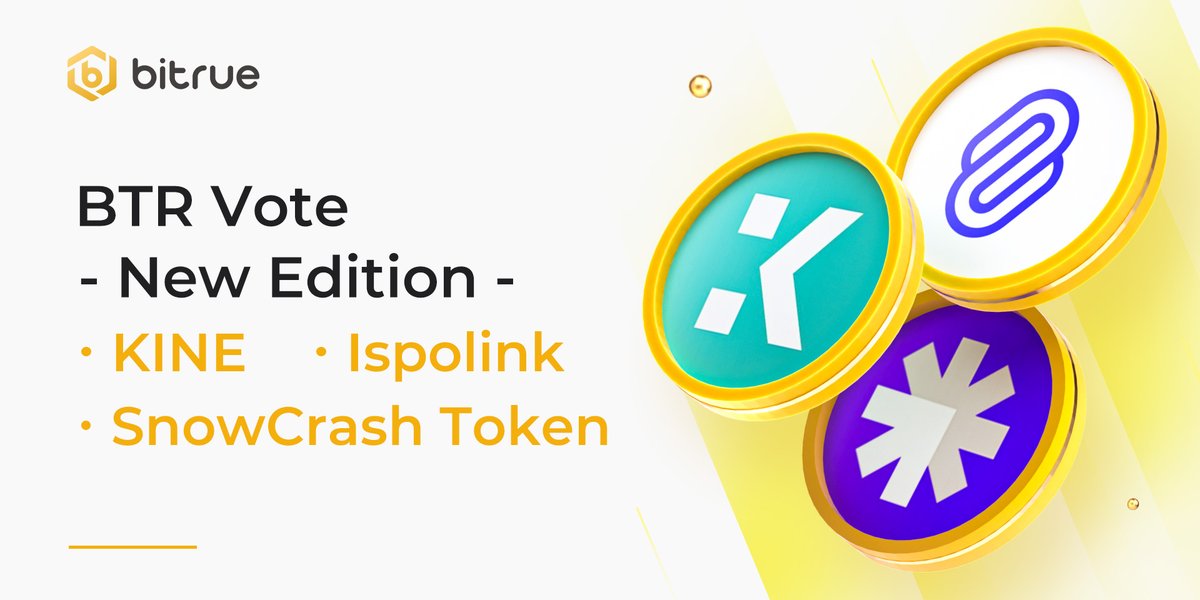 BitrueOfficial's tweet photo. New #BTRVote starts @ 11:00 UTC today again! Use your $BTR to bring new coins to Bitrue. Deposits are open for all three &amp; $USDT pair will open for passing coins. Today you can vote for:
$NORA
@SnowCrashDAO

$KINE
@KineProtocol

$ISP
@ispolink

(No staking rewards this time) https://t.co/dhA2wdk7Ns