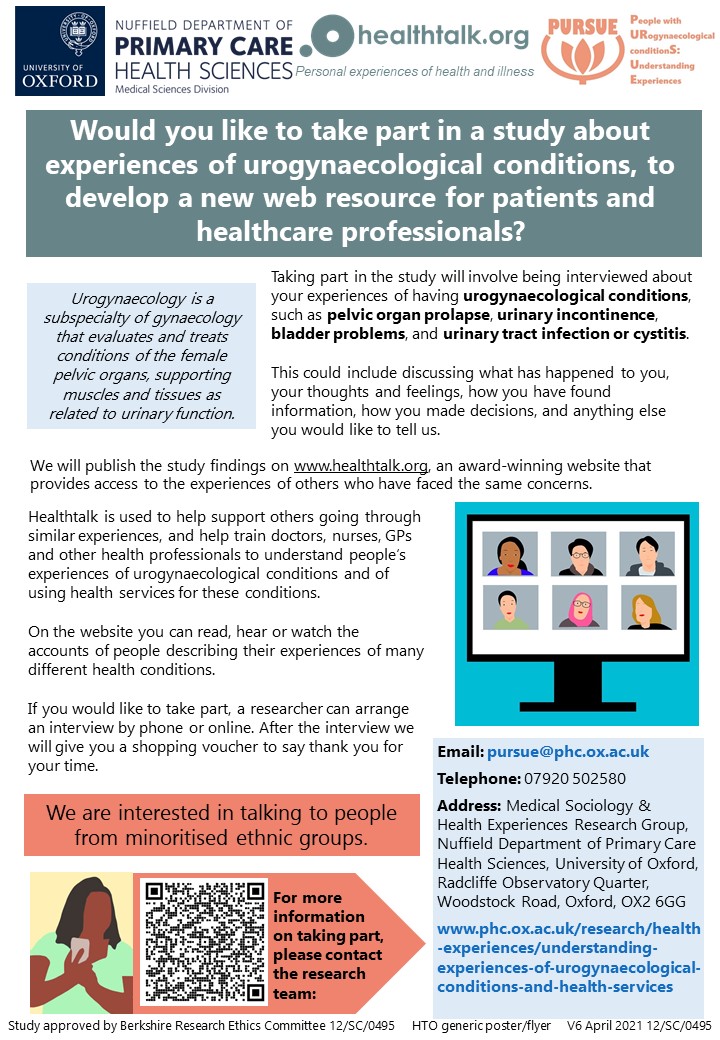 AbiOxfRes's tweet image. If you&apos;ve had experience of prolapse or urinary incontinence, and you&apos;d be willing to take part in an interview (or would like to know more), please get in touch: pursue@phc.ox.ac.uk
We&apos;re particularly keen to hear from people from minority and marginalised groups in the UK.