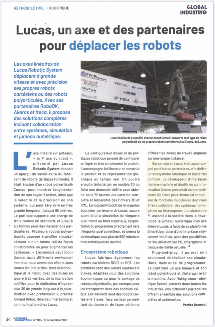 Akeros (@akerossas) on Twitter photo Nous sommes à l'honneur dans la revue <a href="/MachPro_fr/">Machines Production</a> aux côtés de notre partenaire <a href="/LucasRobotic/">LUCAS</a> 🤖Article qui met en avant notre présence au dernier salon <a href="/Salon_GI/">GLOBAL INDUSTRIE</a> sur le stand du cluster <a href="/AQ_Robotics/">Aquitaine Robotics</a>, pour offrir un écosystème #robotique et #industriel complet. Nous sommes à l'honneur dans la revue <a href="/MachPro_fr/">Machines Production</a> aux côtés de notre partenaire <a href="/LucasRobotic/">LUCAS</a> 🤖Article qui met en avant notre présence au dernier salon <a href="/Salon_GI/">GLOBAL INDUSTRIE</a> sur le stand du cluster <a href="/AQ_Robotics/">Aquitaine Robotics</a>, pour offrir un écosystème #robotique et #industriel complet.