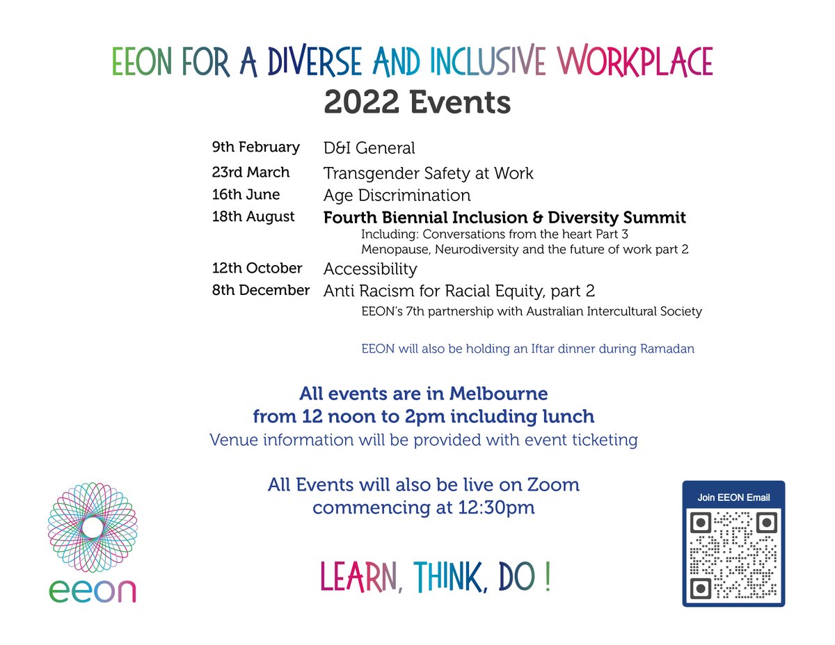 EEON_Victoria's tweet photo. EEON is pleased to announce our 2022 event lineup. 
9 Feb: D&amp;I General event
23Mar: Transgender Safety at Work
16 June: Age Discrimination
12 Oct: Accessibility 
8 Dec: Anti Racism for Racial Equity, part 2 
18Aug: Fourth Biennial Inclusion &amp; Diversity Summit
#diversity https://t.co/jgYq1KSV4u