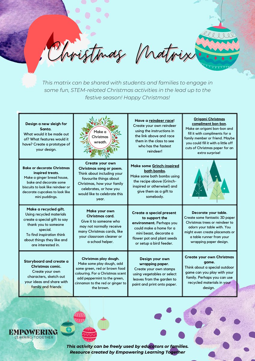 Hi Everyone,
It's been a loooooong term, but <a href="/SmilesStephi/">Dr Stephanie Smith</a>, <a href="/BeckKeough1/">🌸 𝔹𝕖𝕔𝕜 𝕂𝕖𝕠𝕦𝕘𝕙 🌸</a> and I have a final matrix for you - a Christmas Matrix! It is up on the STEM ED Magazine website now: stemedmagazine.com/classroom-reso…
We hope you have a Merry Christmas, Happy New Year and a well-deserved break!