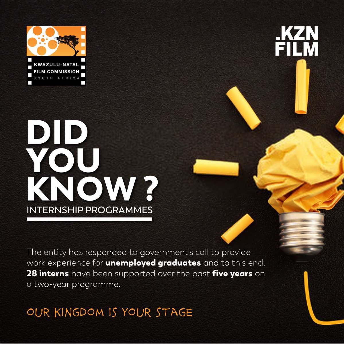 FilmInKZN's tweet image. Did you know? The KZN Film Commission has an internship programme for film school graduates, both within the institution and the industry in KZN? Visit our website for more information.
#KznFilm
#internshipProgrammes