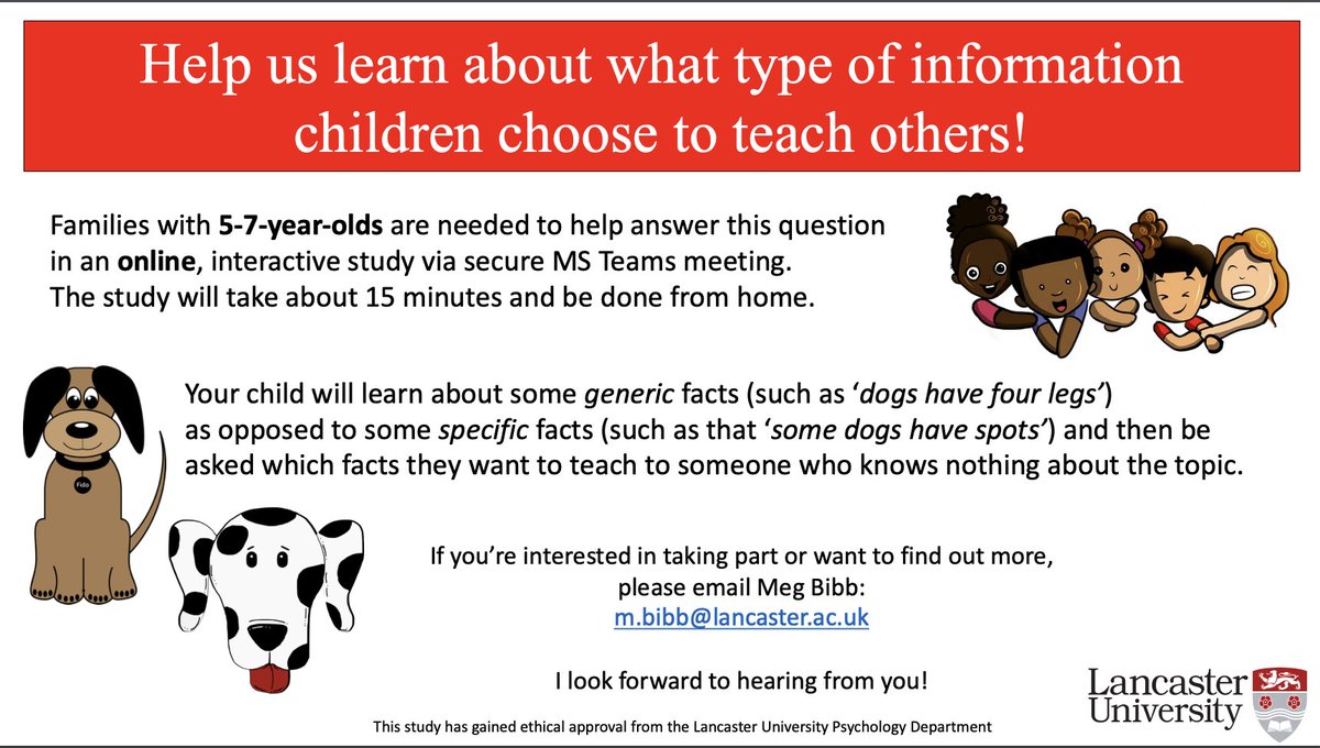 Lancaster University Babylab (@lancsbabylab) on Twitter photo Our <a href="/LancsBabylab/">Lancaster University Babylab</a> UG student is looking for UK primary school children aged 5-7 to take part in a short online interactive study about knowledge transmission - please contact Meg for more info: m.bibb@lancaster.ac.uk Our <a href="/LancsBabylab/">Lancaster University Babylab</a> UG student is looking for UK primary school children aged 5-7 to take part in a short online interactive study about knowledge transmission - please contact Meg for more info: m.bibb@lancaster.ac.uk