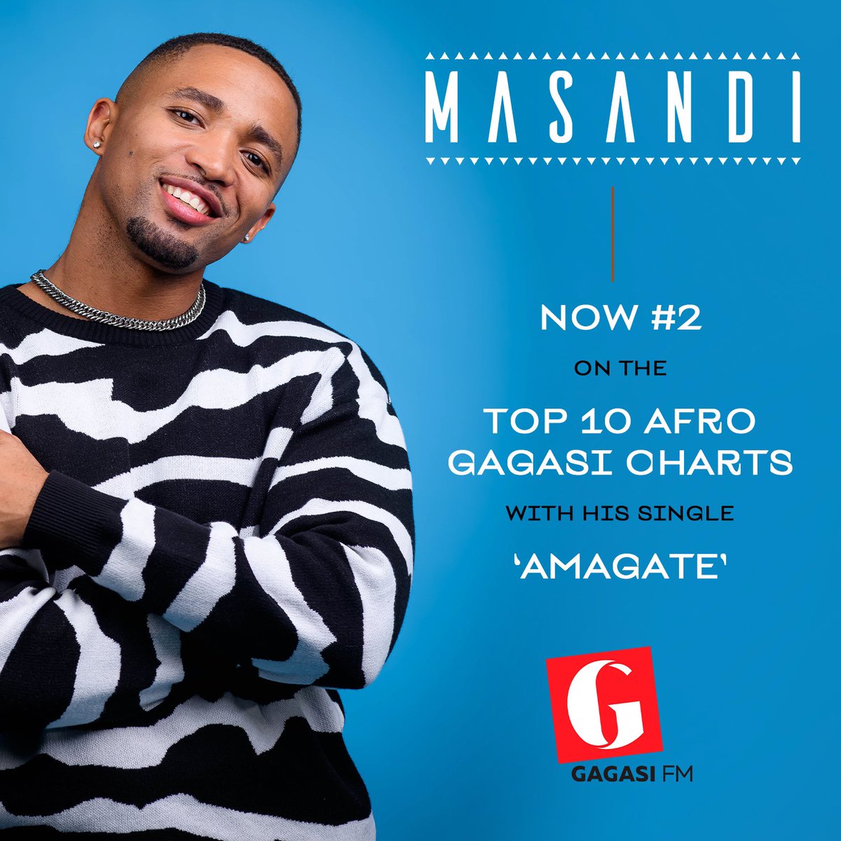 WMAfrica's tweet photo. Congrats to @MasandiWorld for coming in at #2 on @gagasifm’s Top 10 Afro chart with his new banger #Amagate 🔥 https://t.co/4hPKW9FsTv