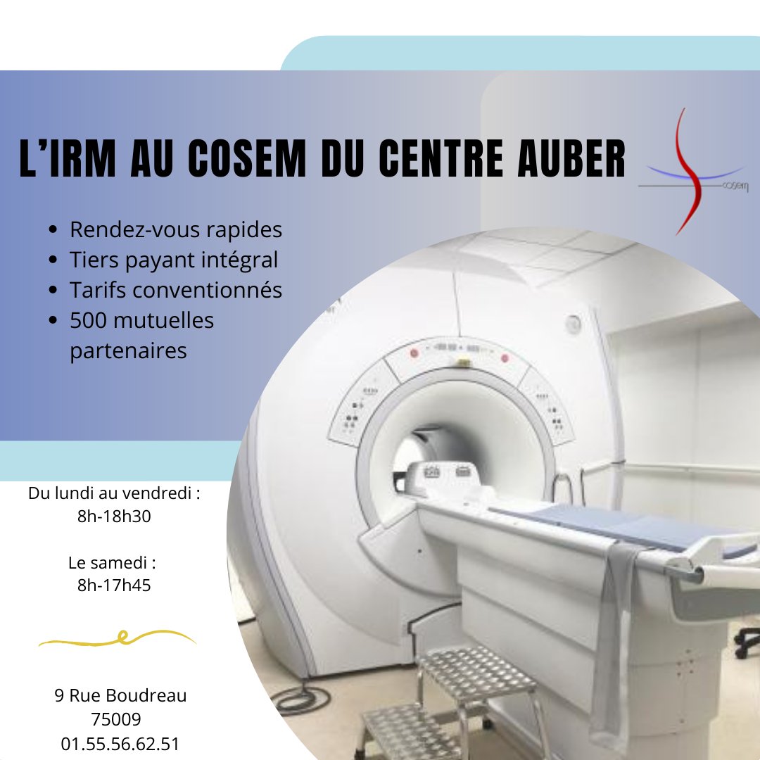 Le centre Cosem Auber dispose d’une #IRM. Cet outil permet d’explorer le système nerveux, les muscles, les tumeurs... sans envoyer de rayons X. N’hésitez pas à prendre rendez-vous au : 01 55 56 62 51. 👨‍⚕️ Voici davantage d’informations : lnkd.in/dsg2t87s