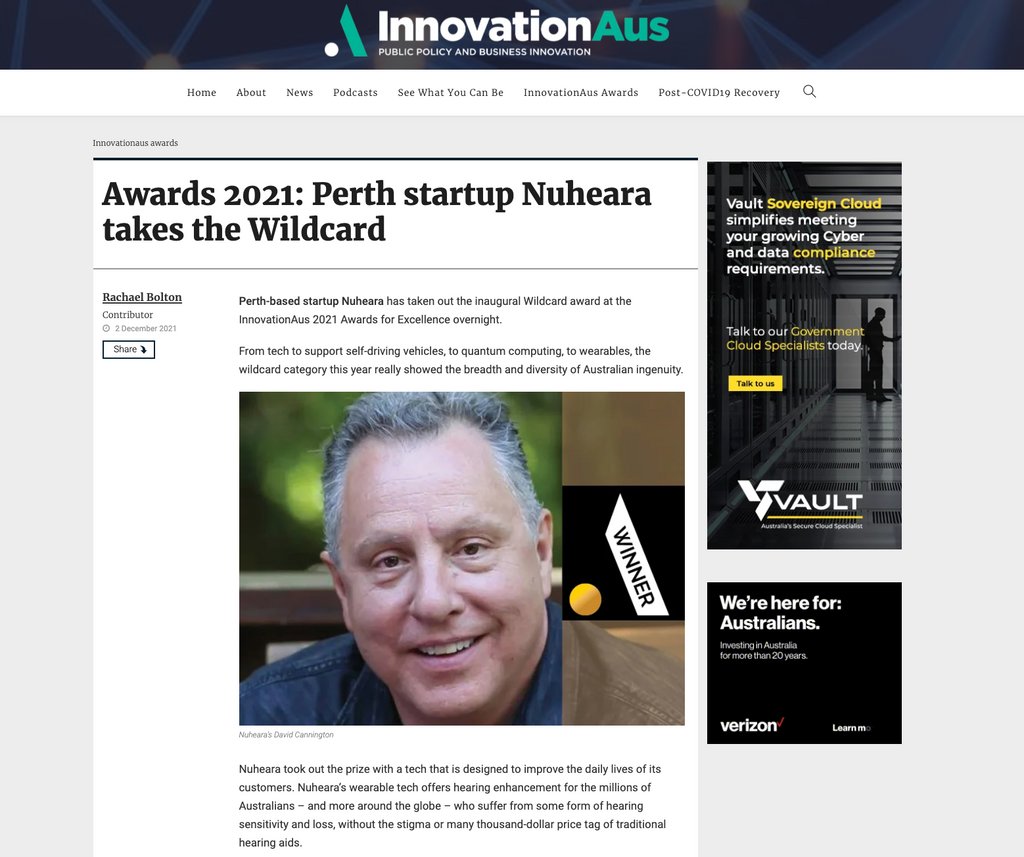 inciteawards's tweet photo. BIG congratulations to our 29th Mal Bryce Tech Company of the Year - Nuheara - for taking out the inaugural Wildcard award at the InnovationAus 2021 Awards for Excellence!
Another inspirational achievement from #WATech innovators: https://t.co/TlHEzkefpw https://t.co/9z0GjwVbvX